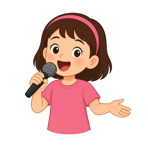 một bé gái đang hát, tay cầm micro