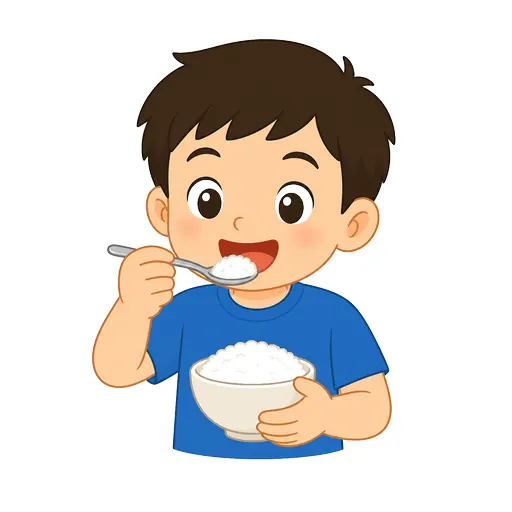 một bé trai đang ăn cơm