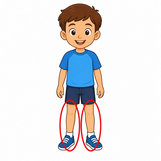 một bé trai đứng, hai chân được khoanh tròn