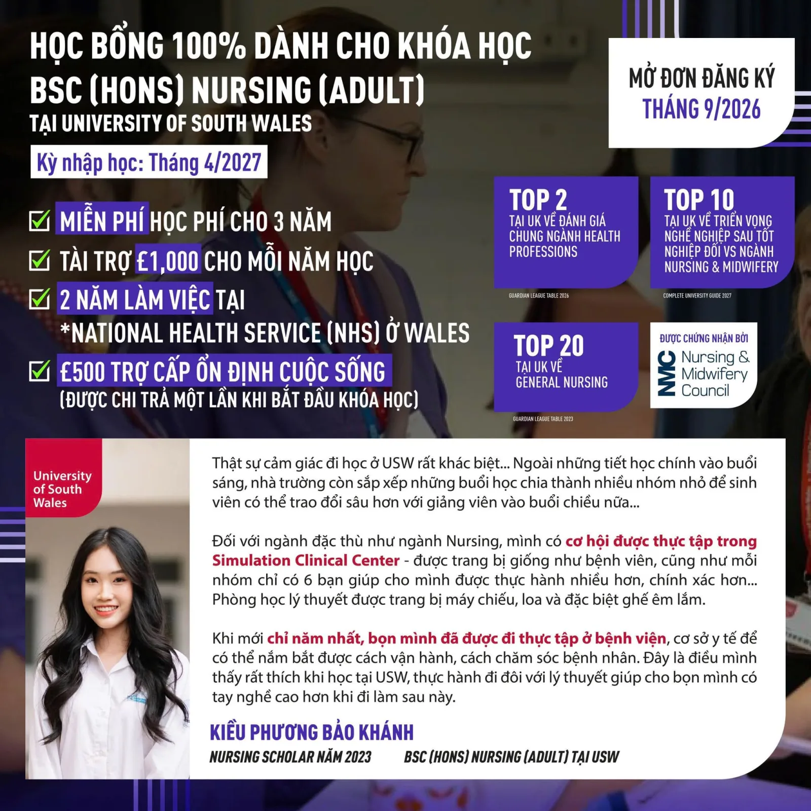 Học bổng toàn phần ngành Điều dưỡng tại Wales: miễn 100% học phí, đổi lại 2 năm làm việc