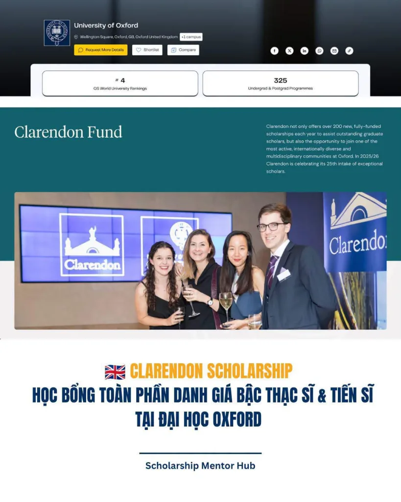 Học bổng Clarendon — Oxford: toàn phần, và không cần nộp đơn riêng