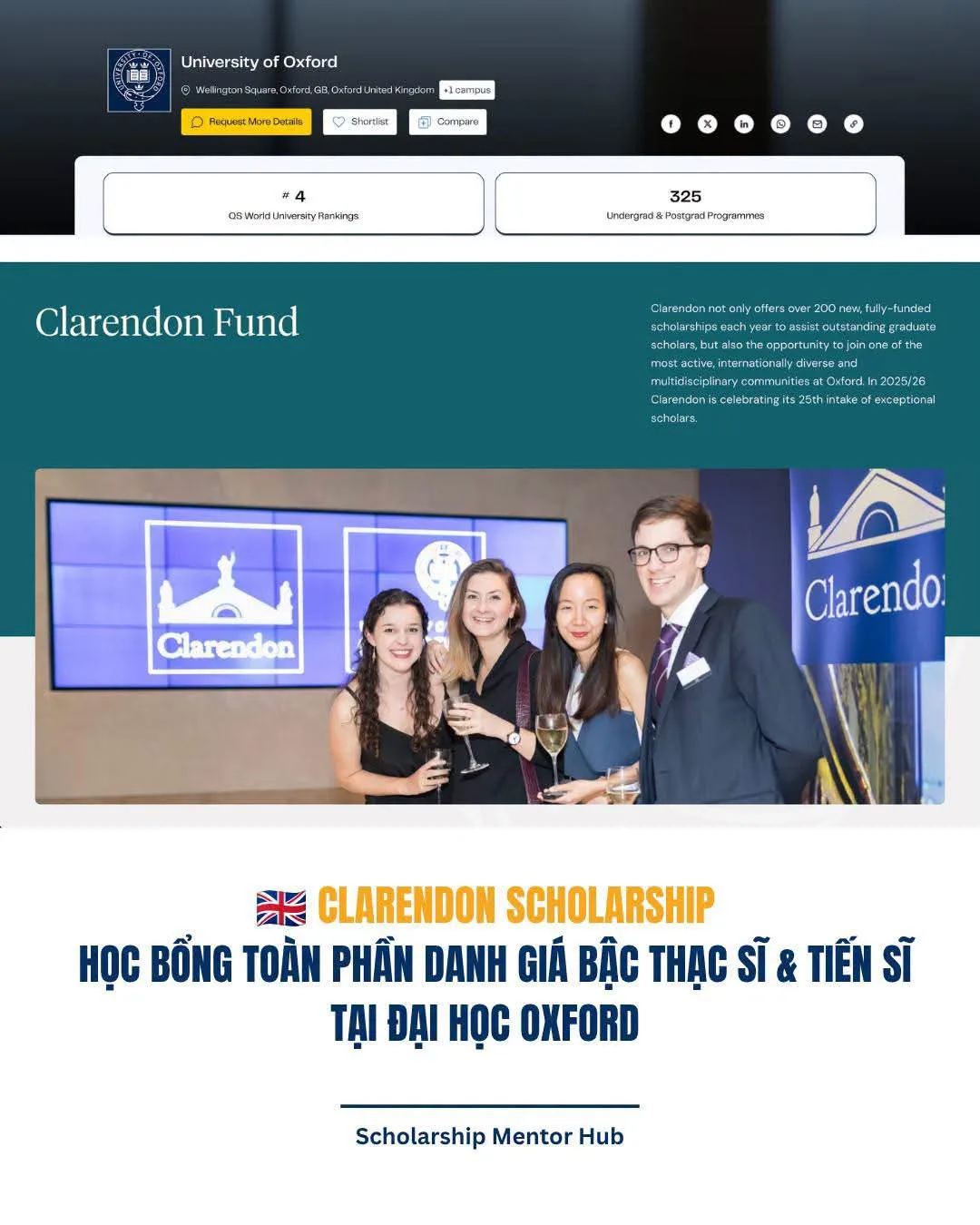 Học bổng Clarendon — Oxford: toàn phần, và không cần nộp đơn riêng