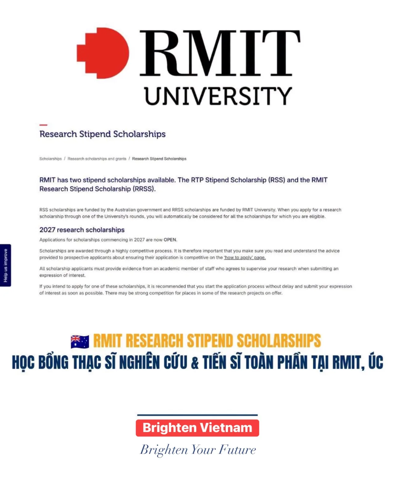 Học bổng nghiên cứu RMIT (Úc): trợ cấp sinh hoạt cho bậc thạc sĩ nghiên cứu và tiến sĩ